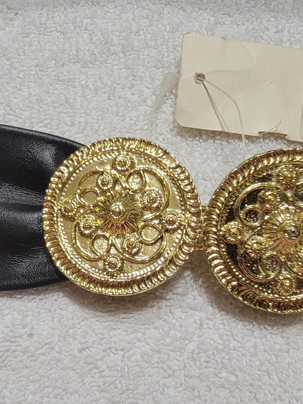 Vintage Black Women's Leather Waist Belt with Gold Medallion Buckle NWT